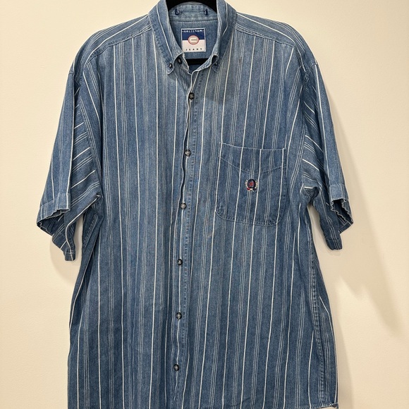 VINTAGE Coliseum Jeans Denim pinstripe short sleeve button down - Picture 2 of 5
